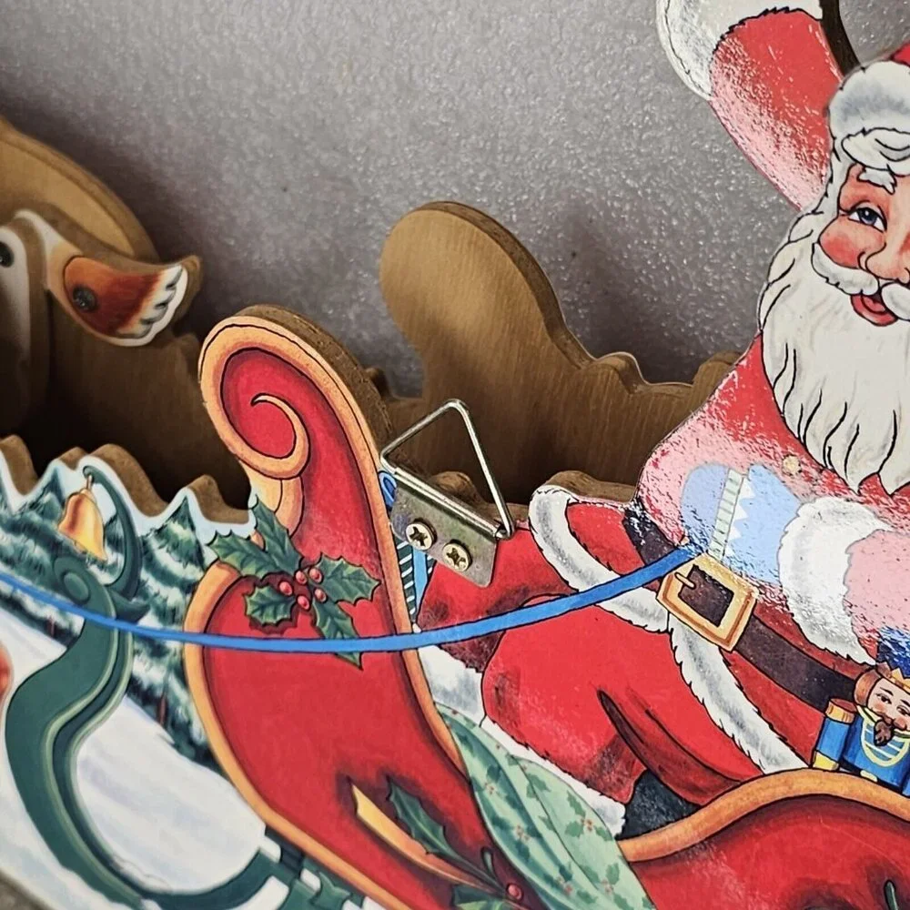 90s Christmas Animated Santa Sleigh‎ Reindeer Wooden Musical Winter Wall Decor